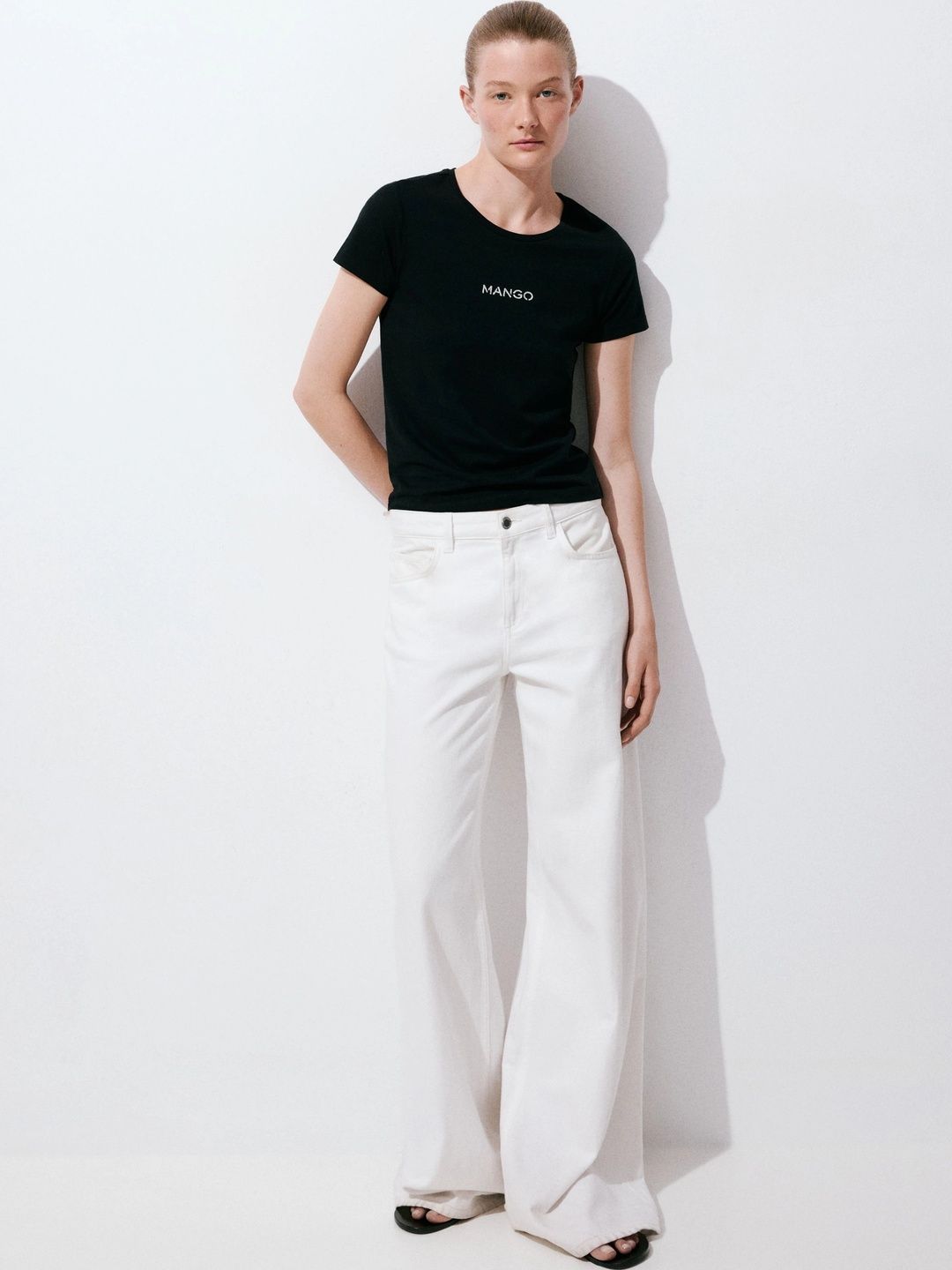 MANGO Women Round Neck Cap Sleeve Brand Logo Printed T-shirt