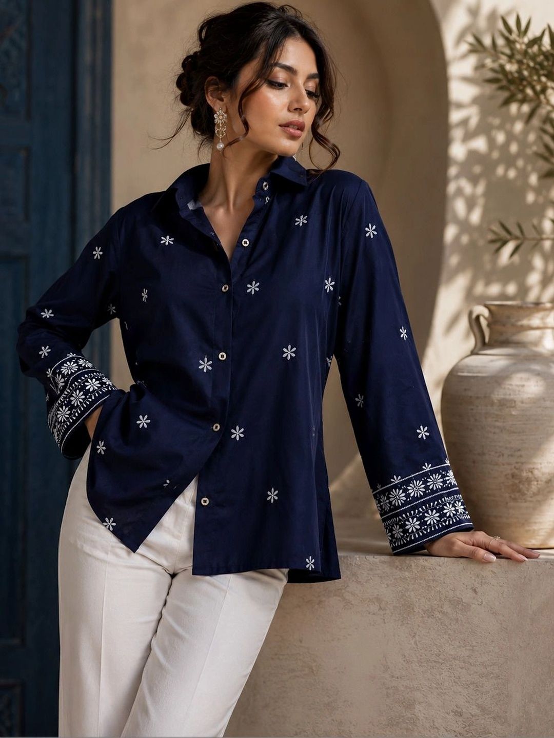 Embroidered Ethnic Motif Shirt Collar Top