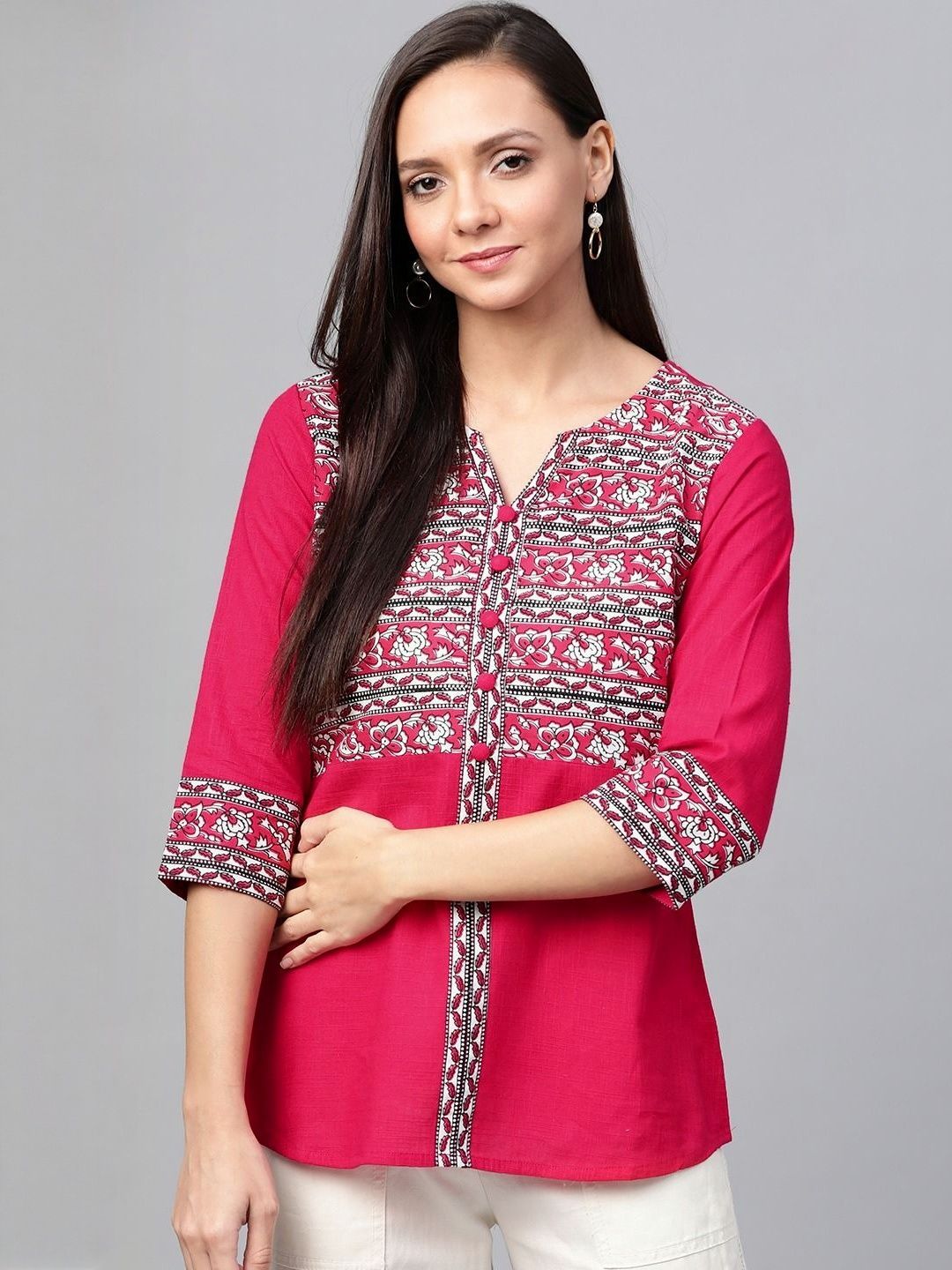 KALINI Women's Cotton Slub Kalamkari Printed Regular Top (PINK)