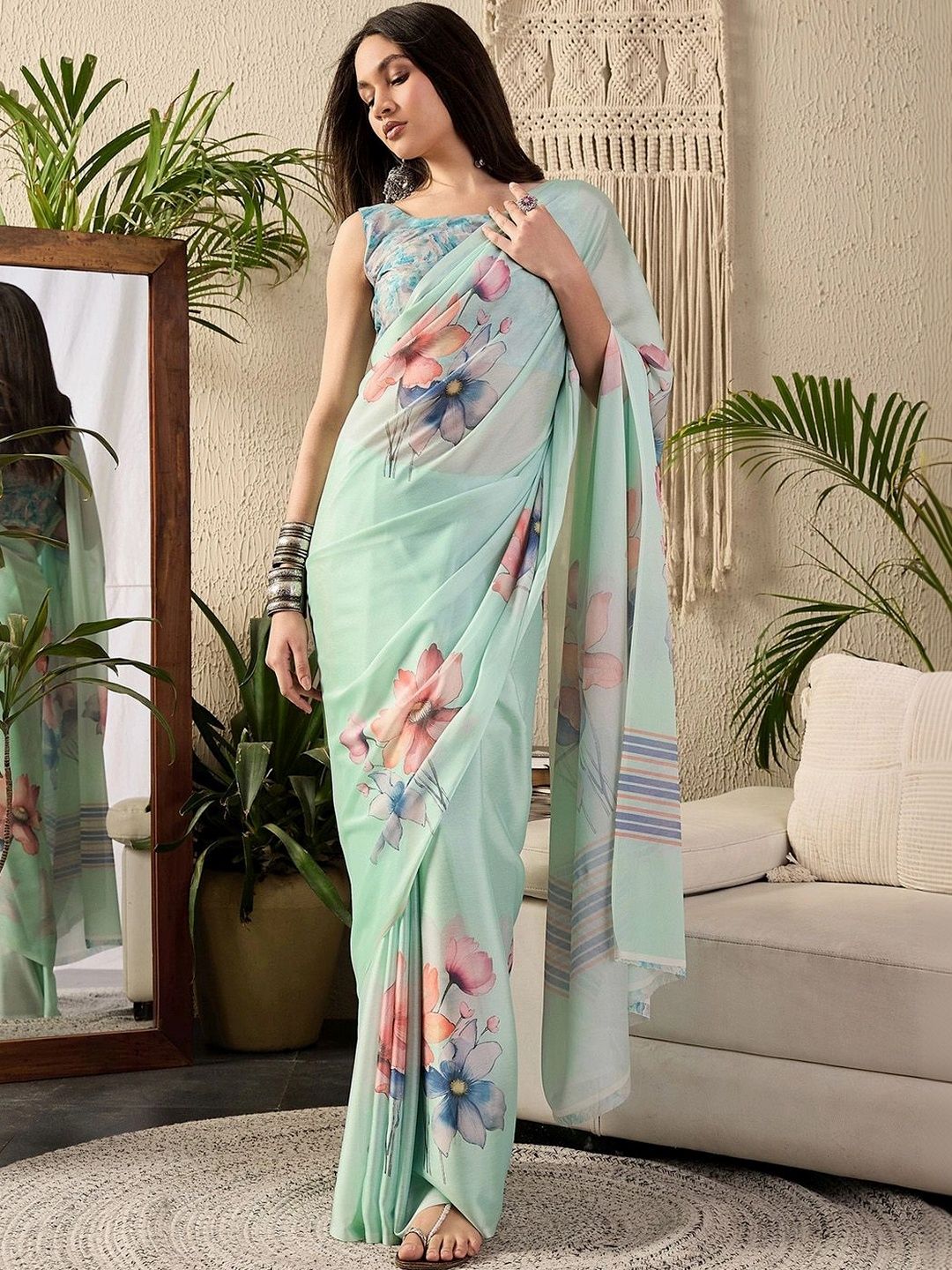 Sangria Floral Poly Georgette Designer Block Print Saree