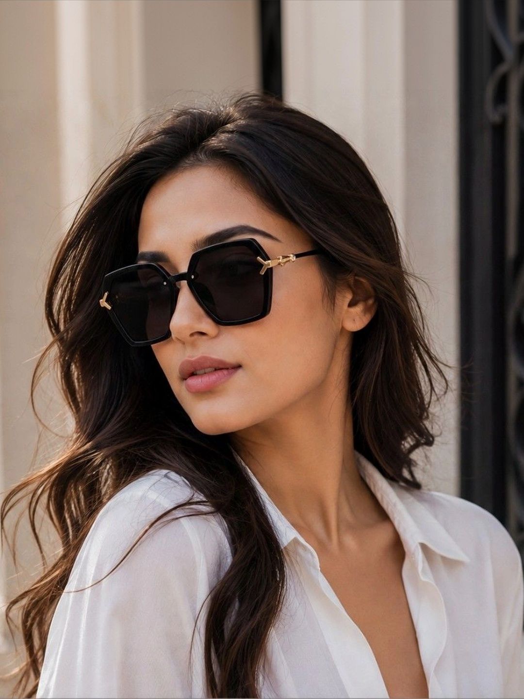 HASHTAG EYEWEAR Women Hexagonal Oversized Sunglasses With UV Protected Lens G-15062-black