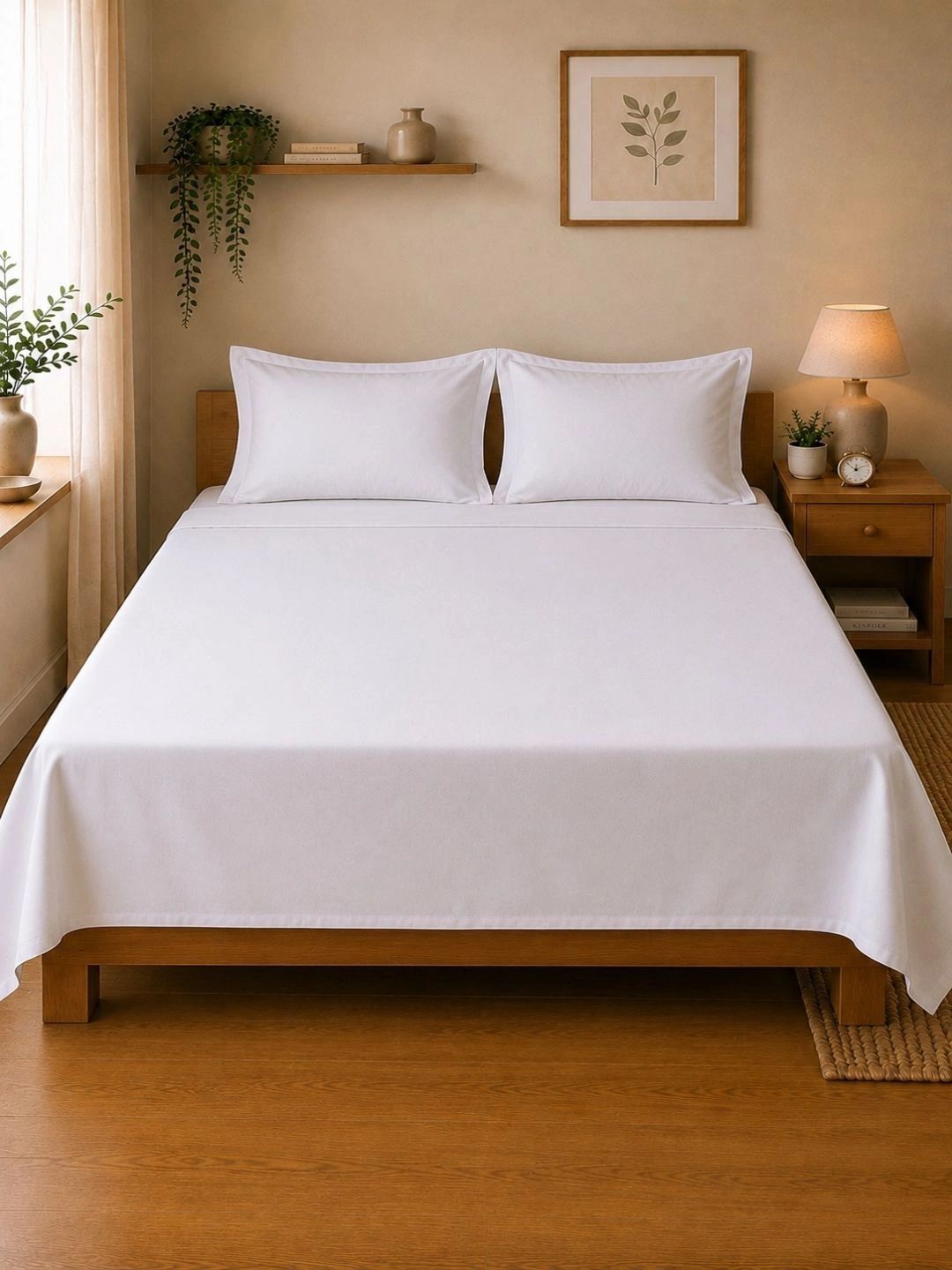 Linen Home White 200 TC Queen Size Flat Bedsheet Set with 2 Pillow Covers