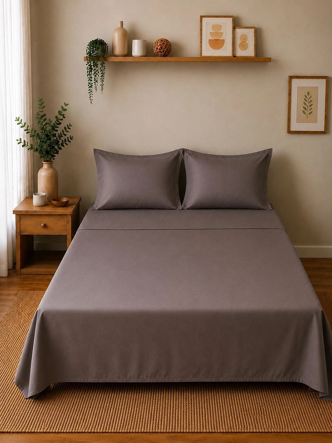 Linen Home Charcoal 200 TC King Size Flat Bedsheet Set with 2 Pillow Covers