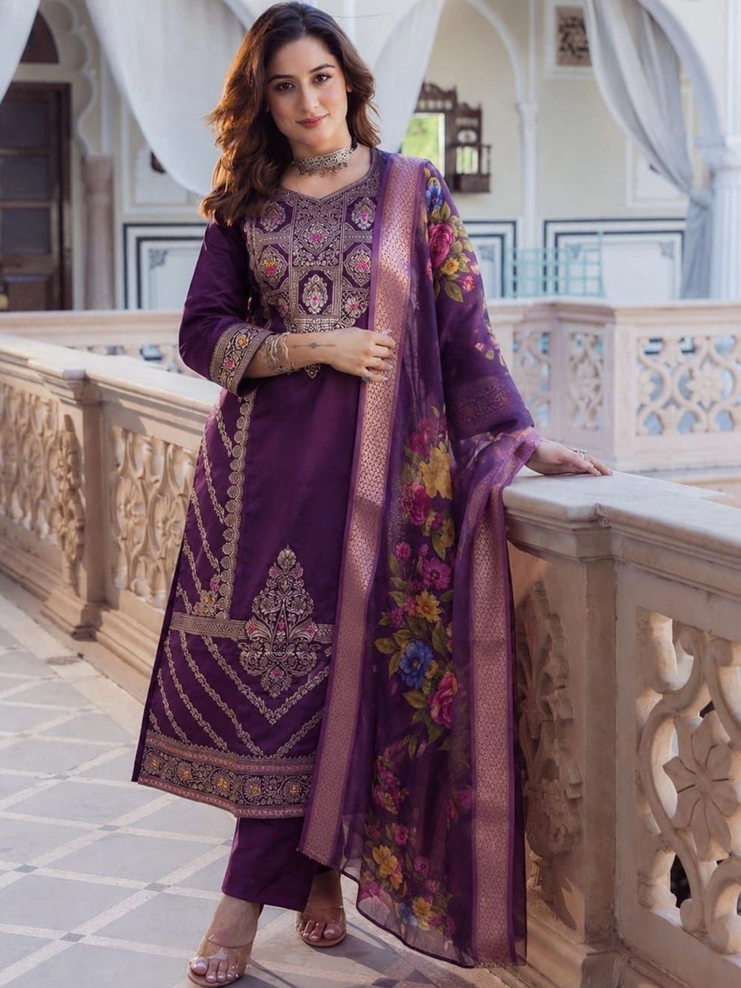 HERE&NOW Women Ethnic Motifs Embroidered Regular Thread Work Kurta with Trousers & With Dupatta