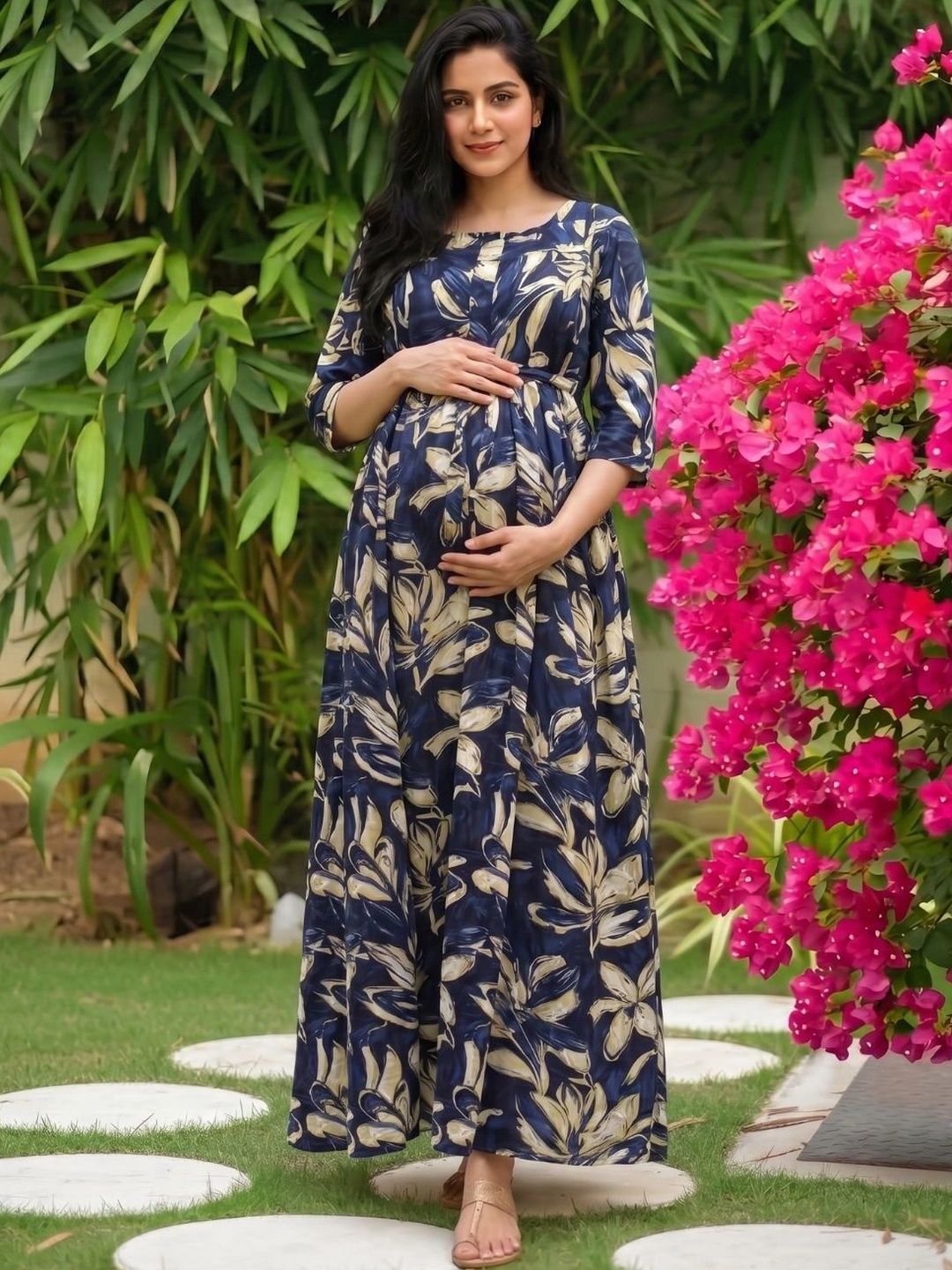 Asenne Floral Printed Soft Rayon Maternity A-Line Maxi Dress With Both Side Feeding Zip