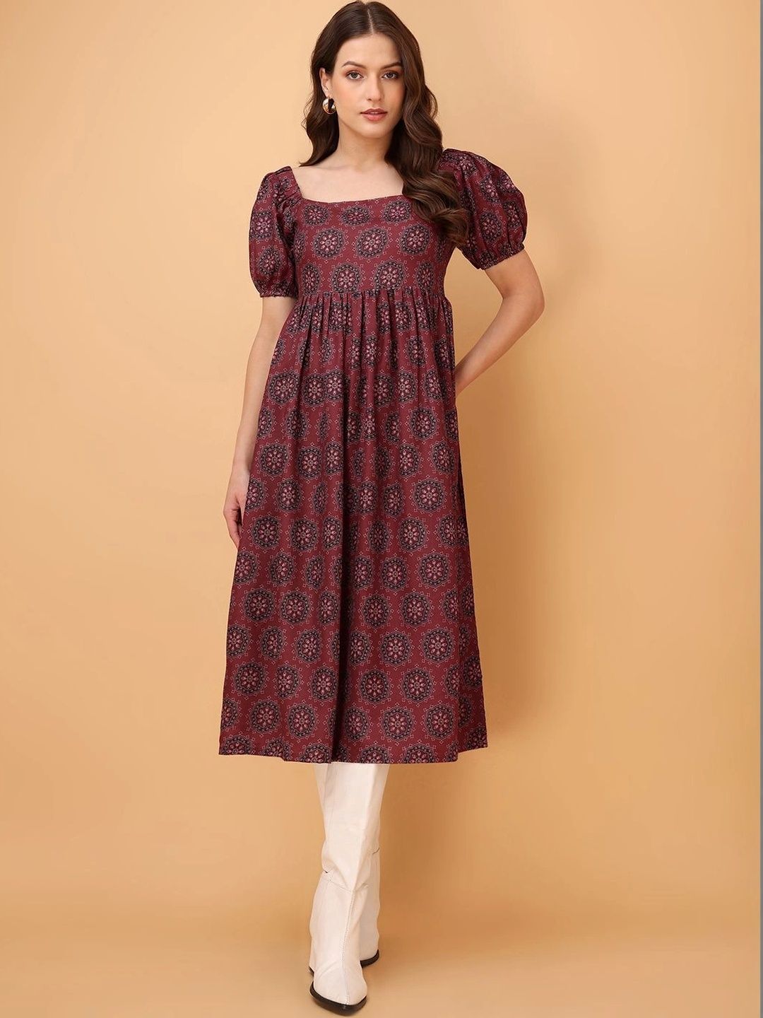 PURVAJA Women Ethnic Motifs Print Puff Sleeve A-Line Midi Dress