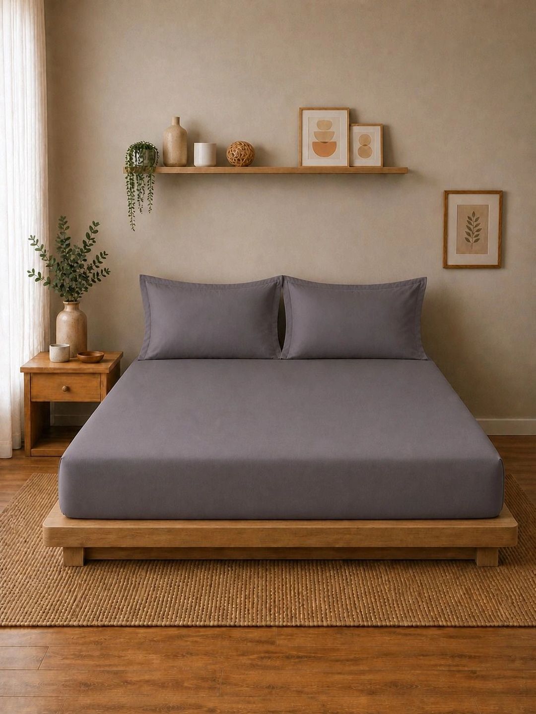 Linen Home Charcoal 200 TC Single XL(Twin) Size Fitted Sheet Set with 2 Pillow Covers