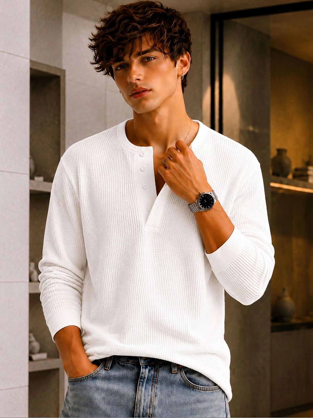 THE BEETEL HOUSE Men Henley Neck T-shirt