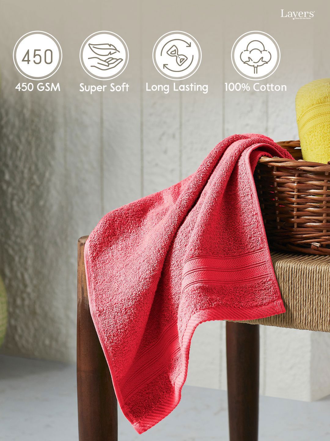 Layers Home Easy Coral 2 Pieces 450 GSM Pure Cotton Hand Towels