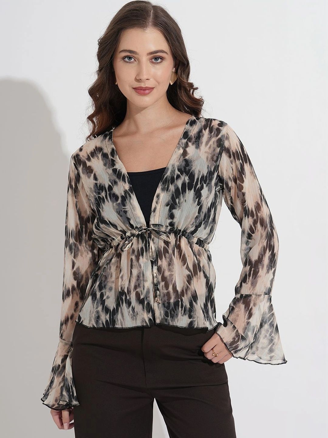 Fashfun Women Tie and Dye Bell Sleeve Wrap Top