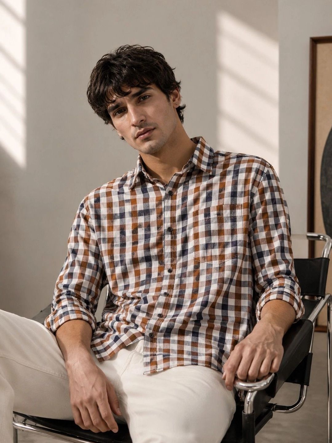 Eszett Men Gingham Checks Checked Spread Collar Casual Cotton Shirt