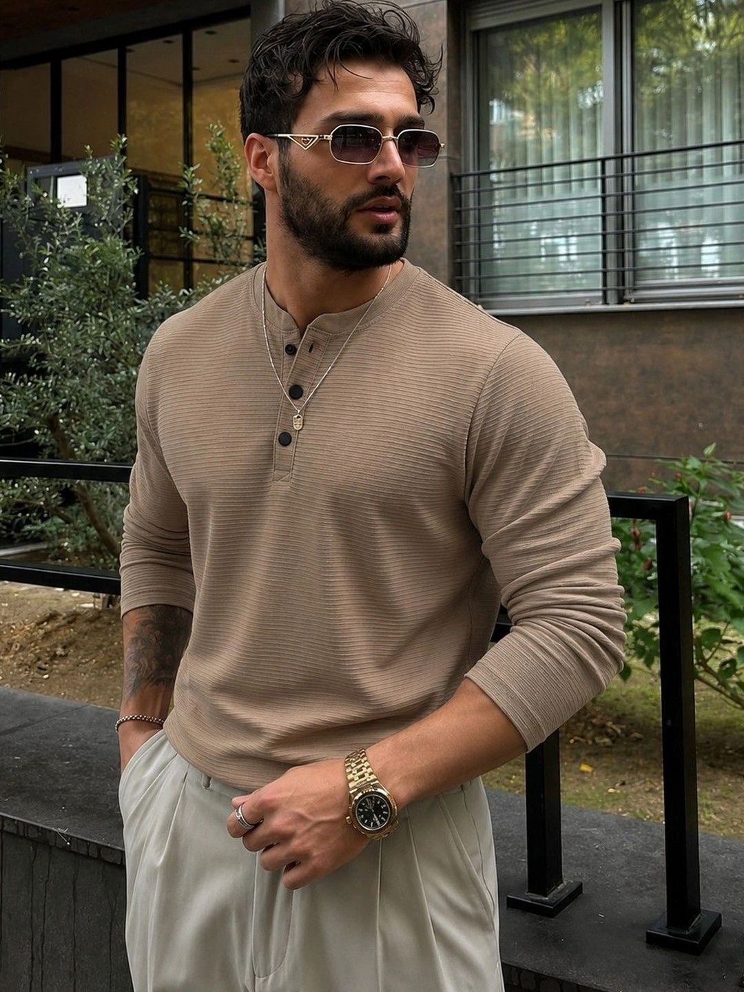RUFICA Men Henley Neck T-shirt