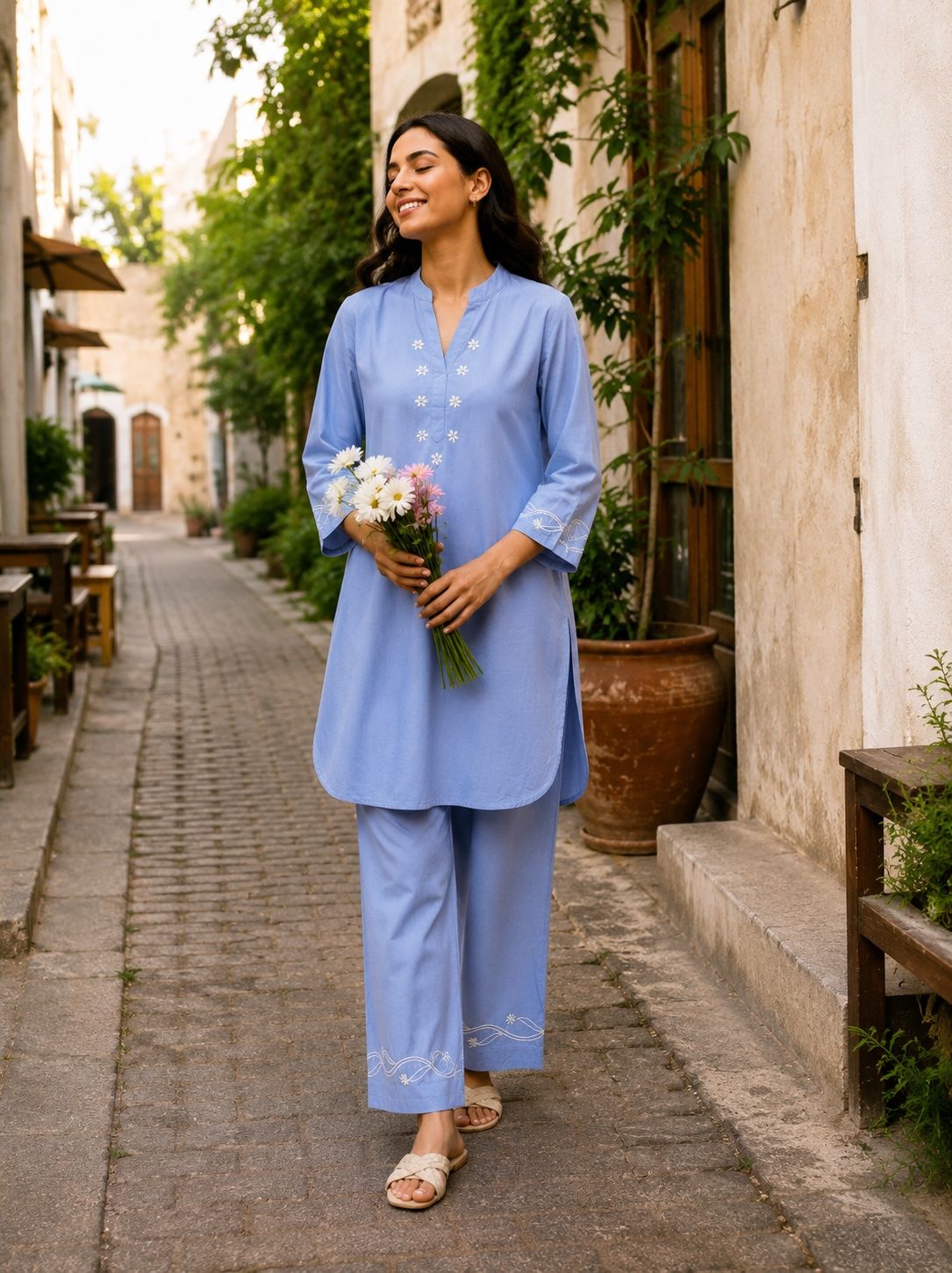 Karicraft Embroidered Mandarin Collar Linen Top With Trousers