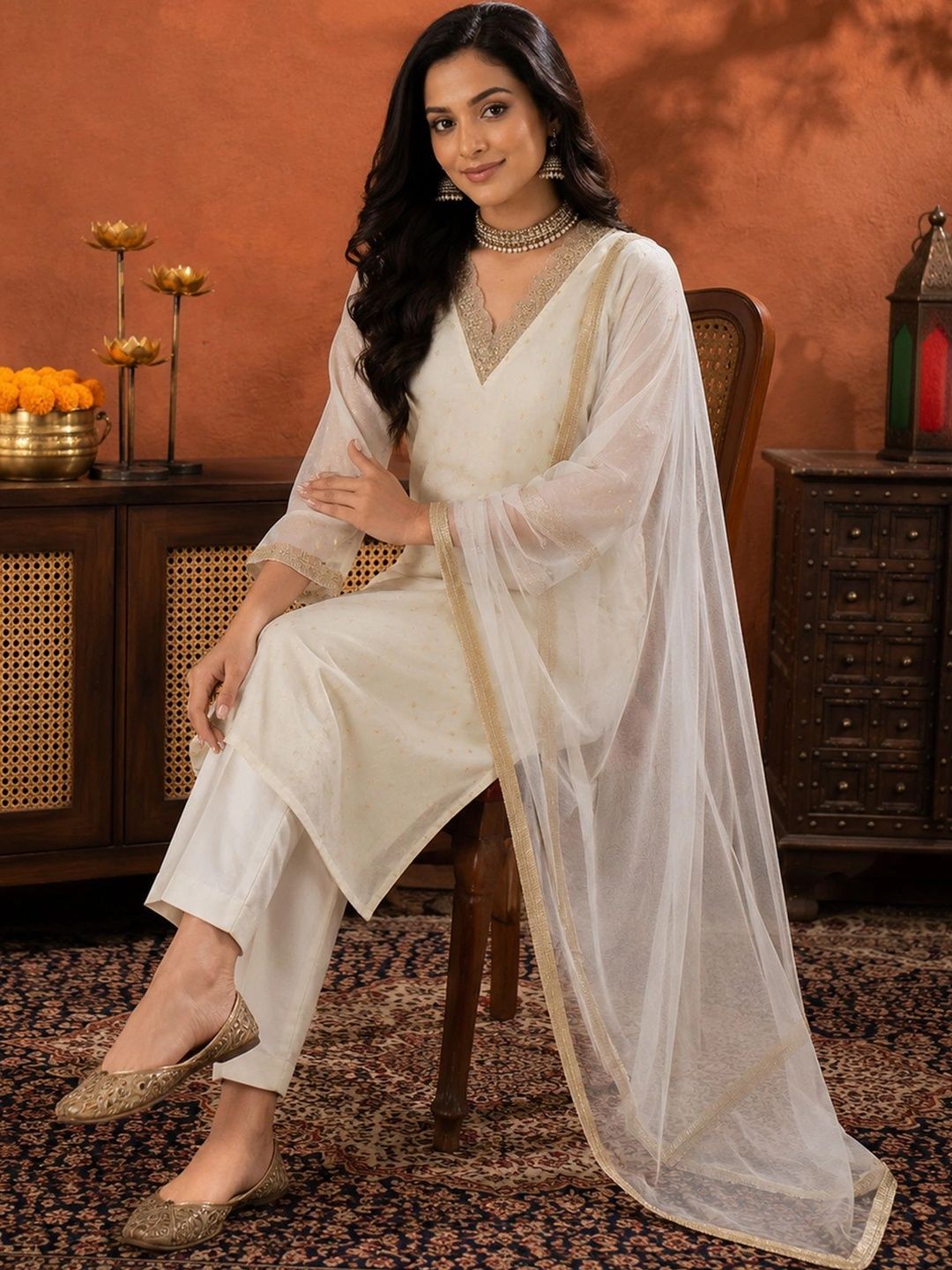 AVANSHEE Woven Design V-Neck Chanderi Cotton Kurta With Trouser And Dupatta
