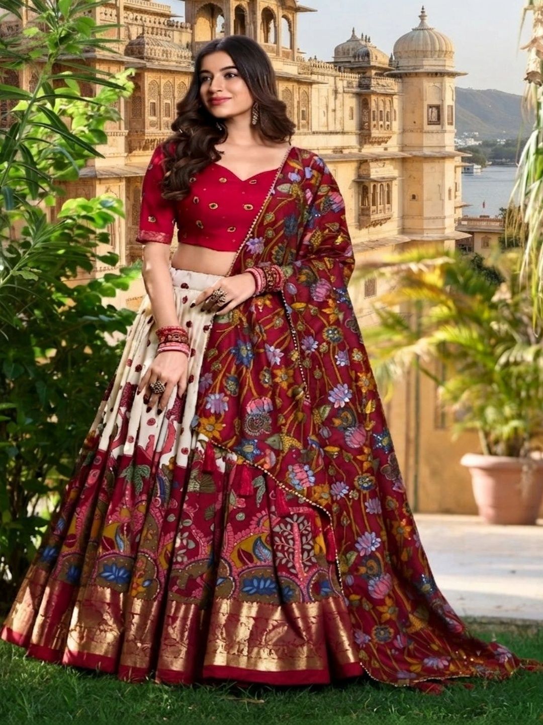 Anouk Women Embroidered Kalamkari Semi-Stitched Lehenga & Unstitched Blouse With Dupatta