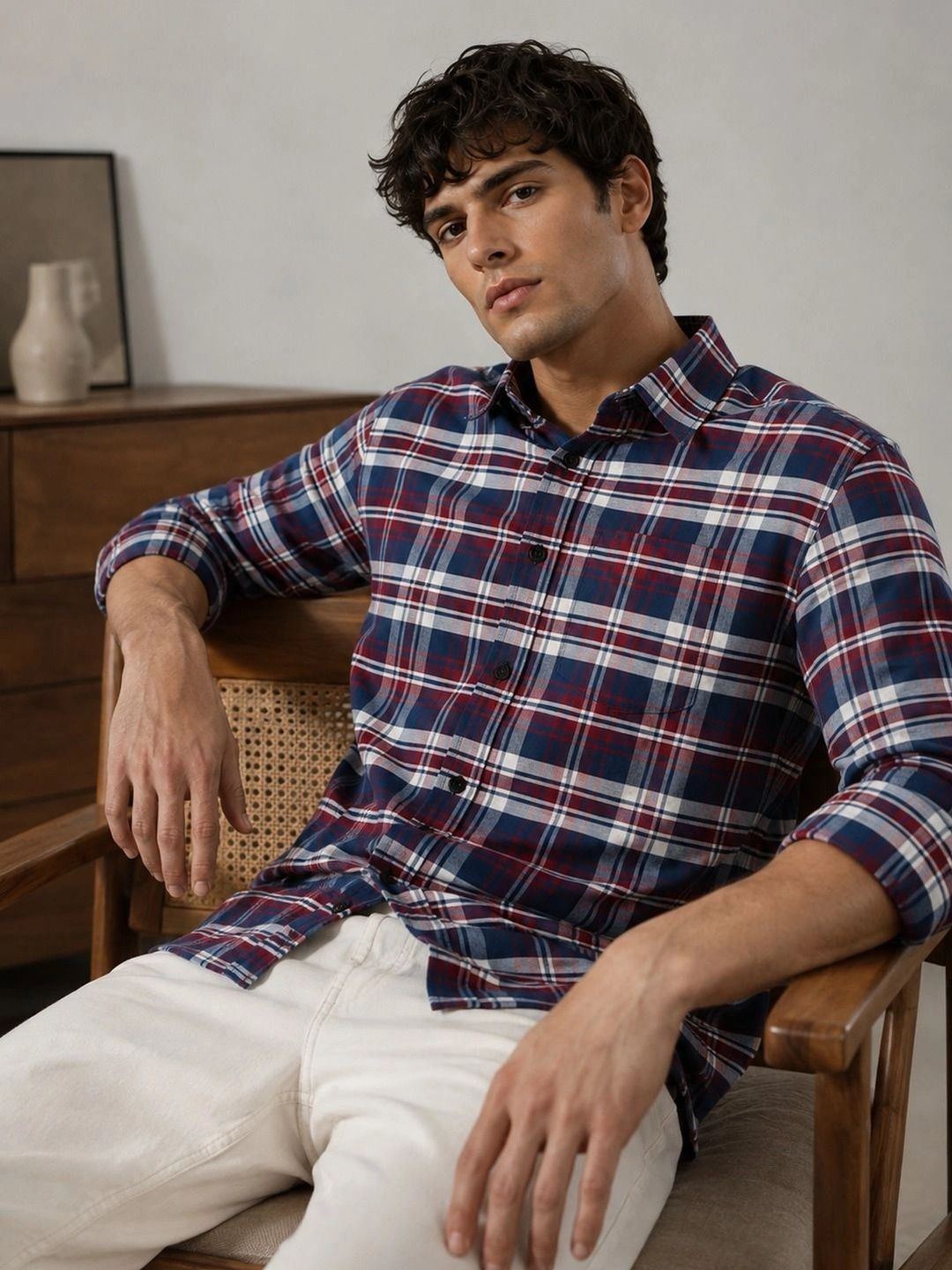 Eszett Tartan Checked Spread Collar Pure Cotton Shirt