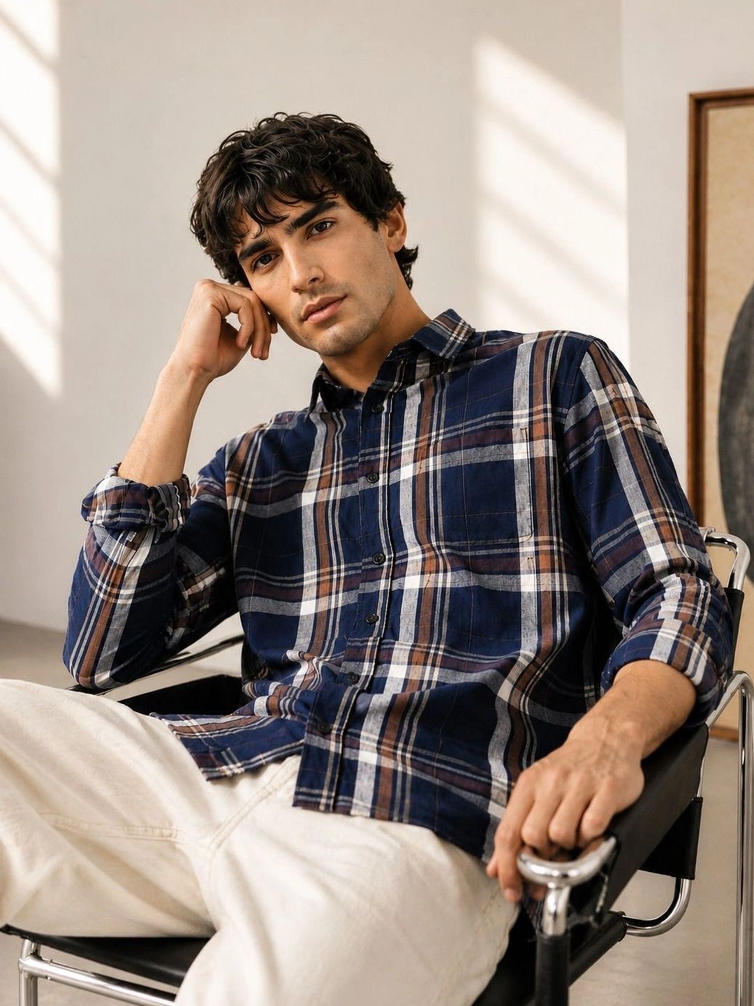 Eszett Spread Collar Regular Fit Long Sleeves Pure Cotton Checked Casual Shirt