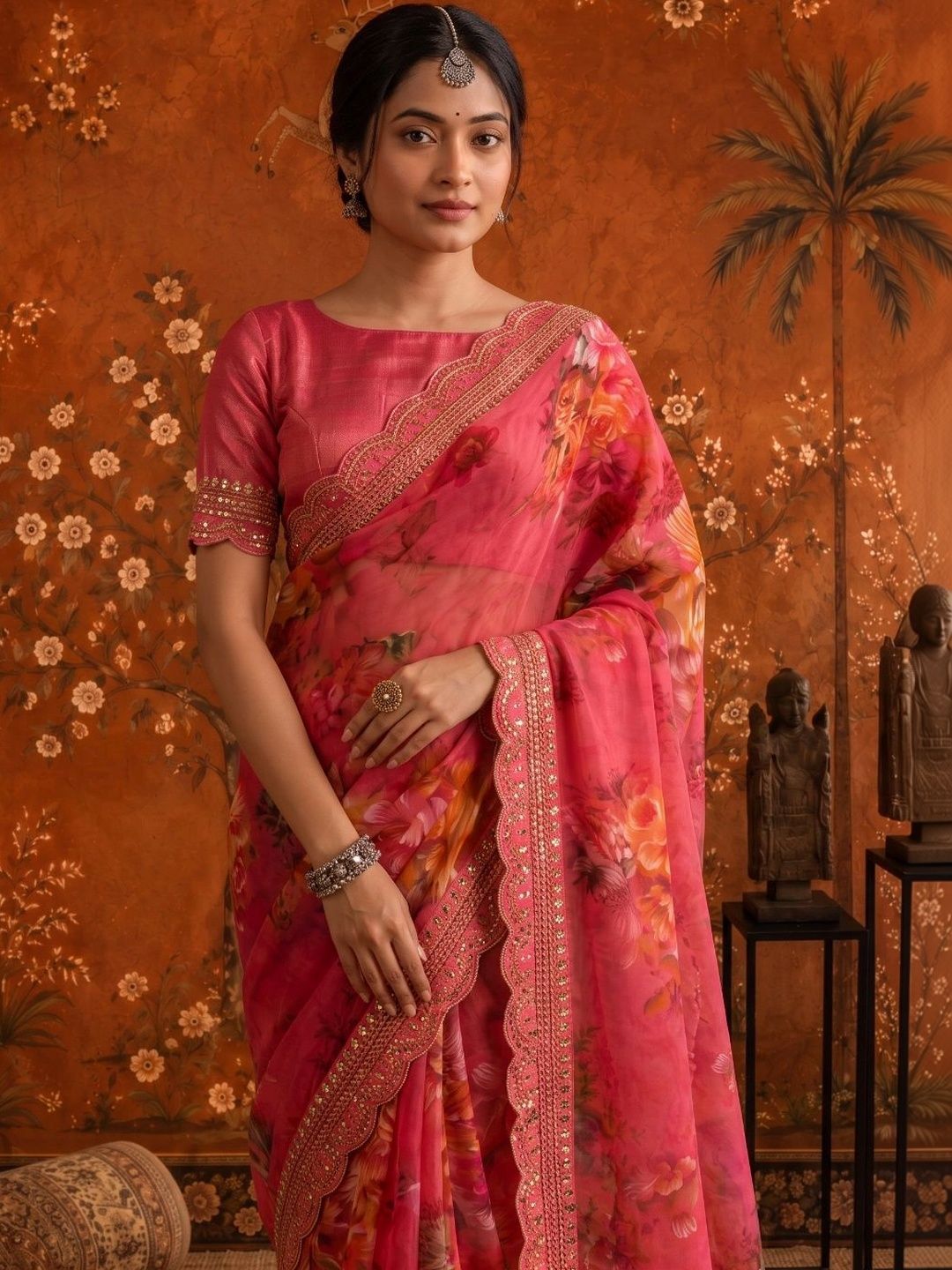 Sangria Floral Embroidered Poly Georgette Saree