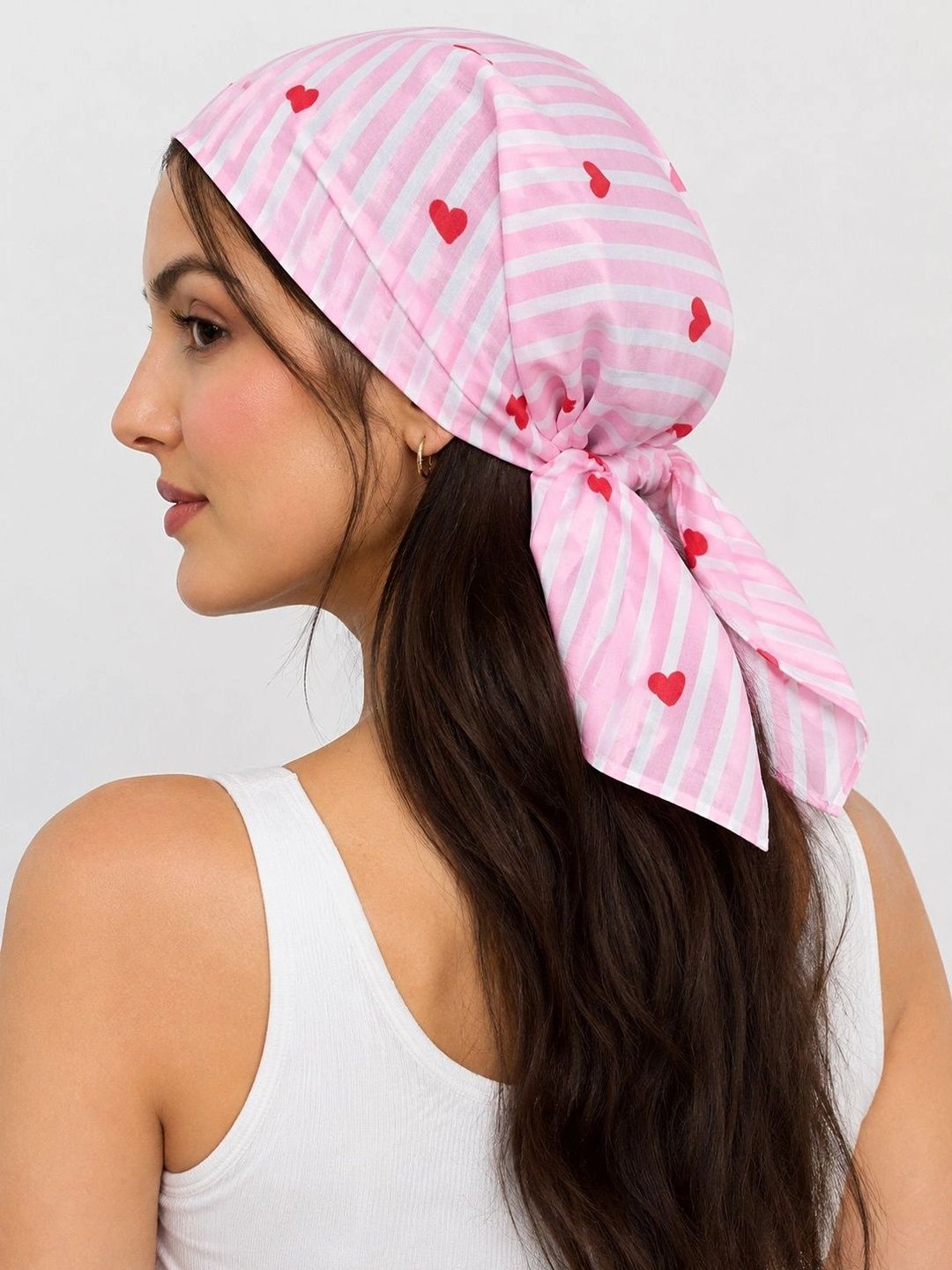 HANDICRAFT PALACE Women Pink & White Striped Heart Printed 100% Cotton Bandana 21" x 21"