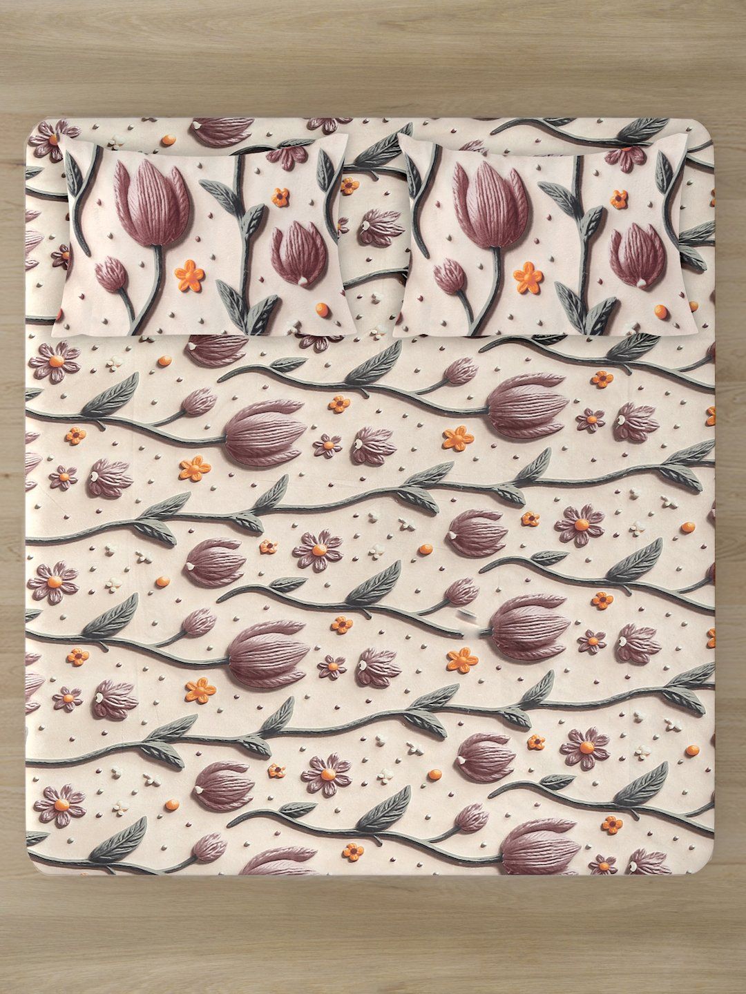 Myntra Elegant Cream-Coloured Floral 300 TC King 7D Bedsheet with 2 Pillow Covers