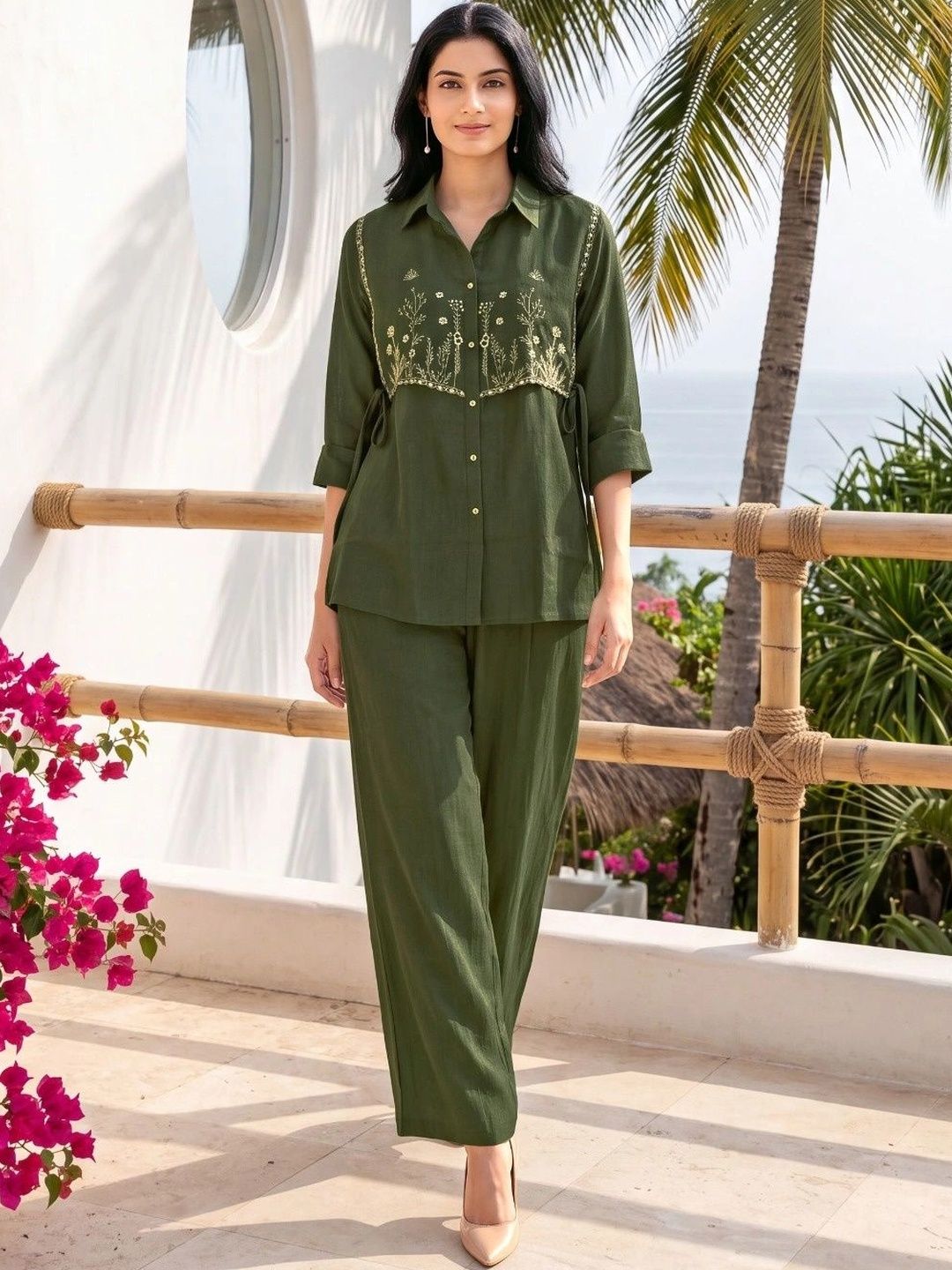Sangria Embroidered Shirt with Trousers