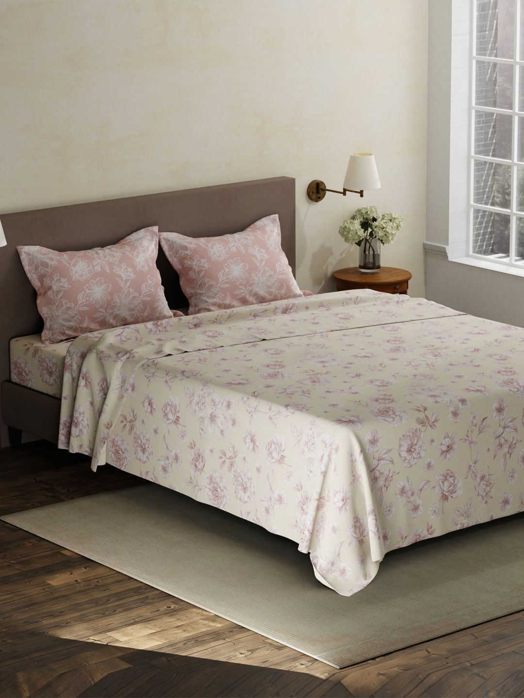 Buy Layers BasicX Cream Printed Pure Cotton 120TC Queen Bedsheet & 2 Pillow Covers 2.54x2.24m -  - Home for Unisex