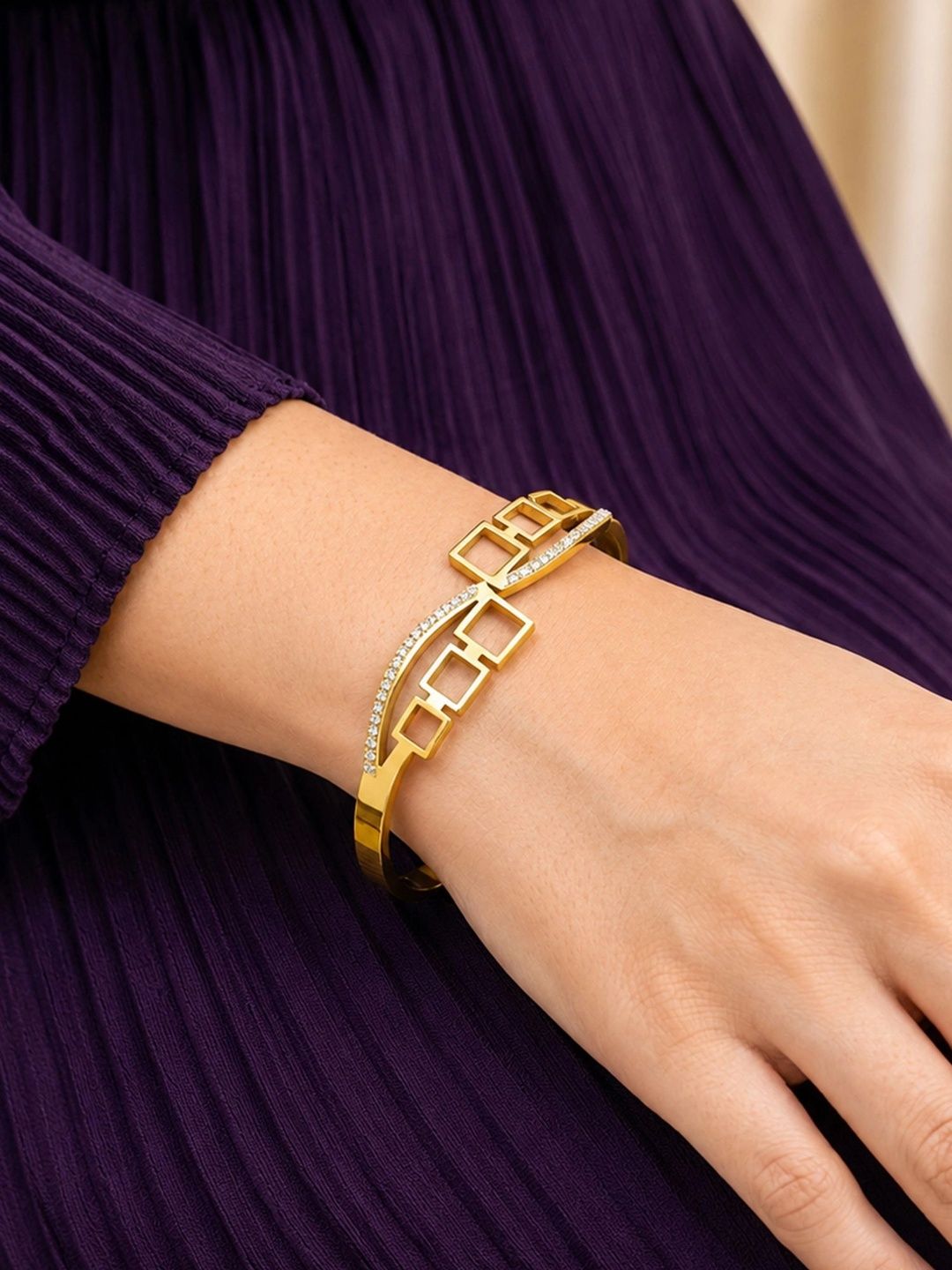 ARTKLIM Stainless Steel Gold-Plated Artificial Stones Studded Geometry Cuff Bracelet