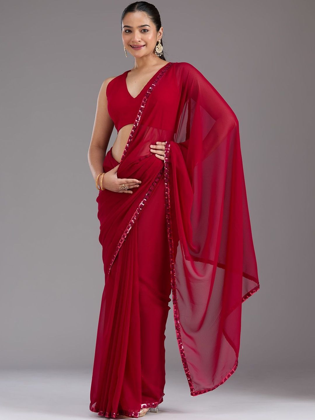 Koskii Women Sequins Maroon Georgette Saree With Unstitched Blouse