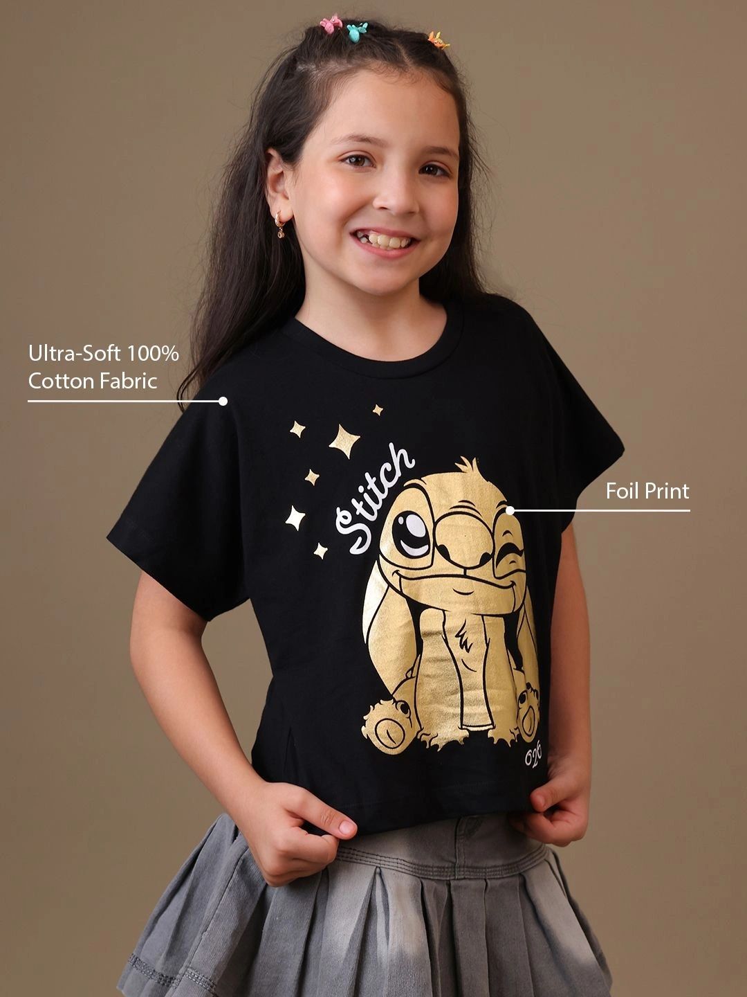 Girls Lilo & Stitch Printed Cotton Round Neck Boxy Tshirts 3