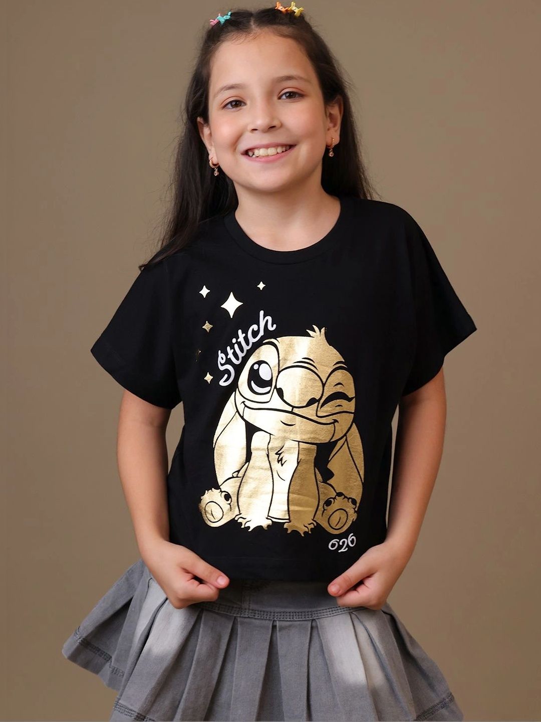 Girls Lilo & Stitch Printed Cotton Round Neck Boxy Tshirts