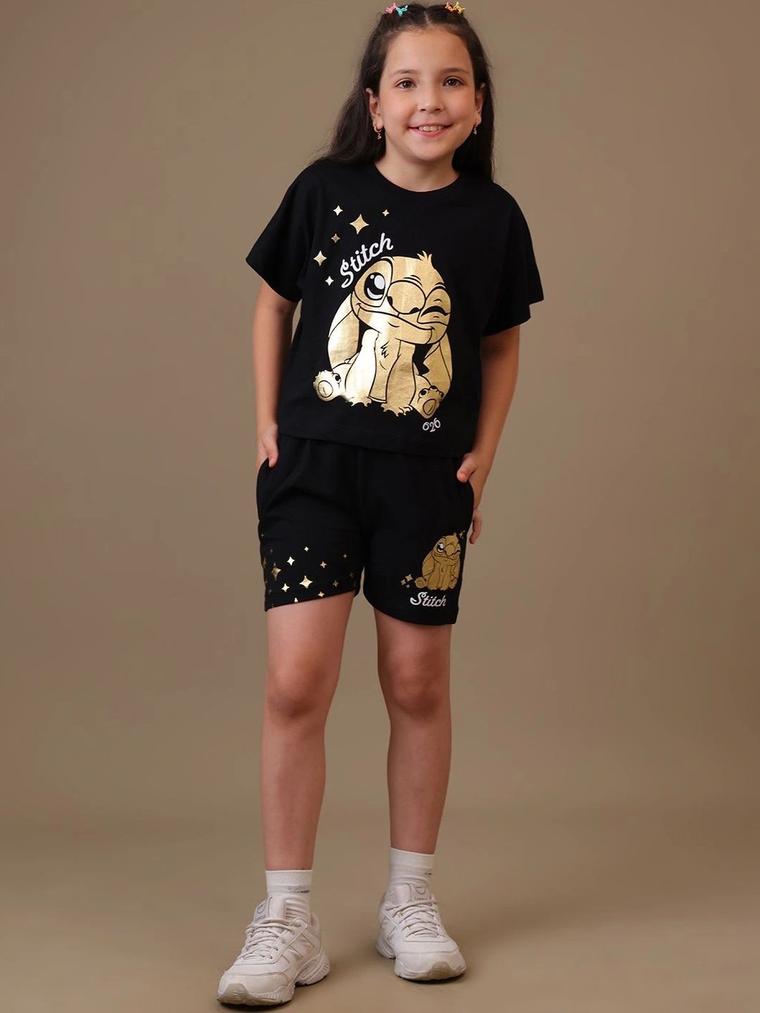 Girls Lilo & Stitch Printed Cotton Round Neck Boxy Tshirts 5