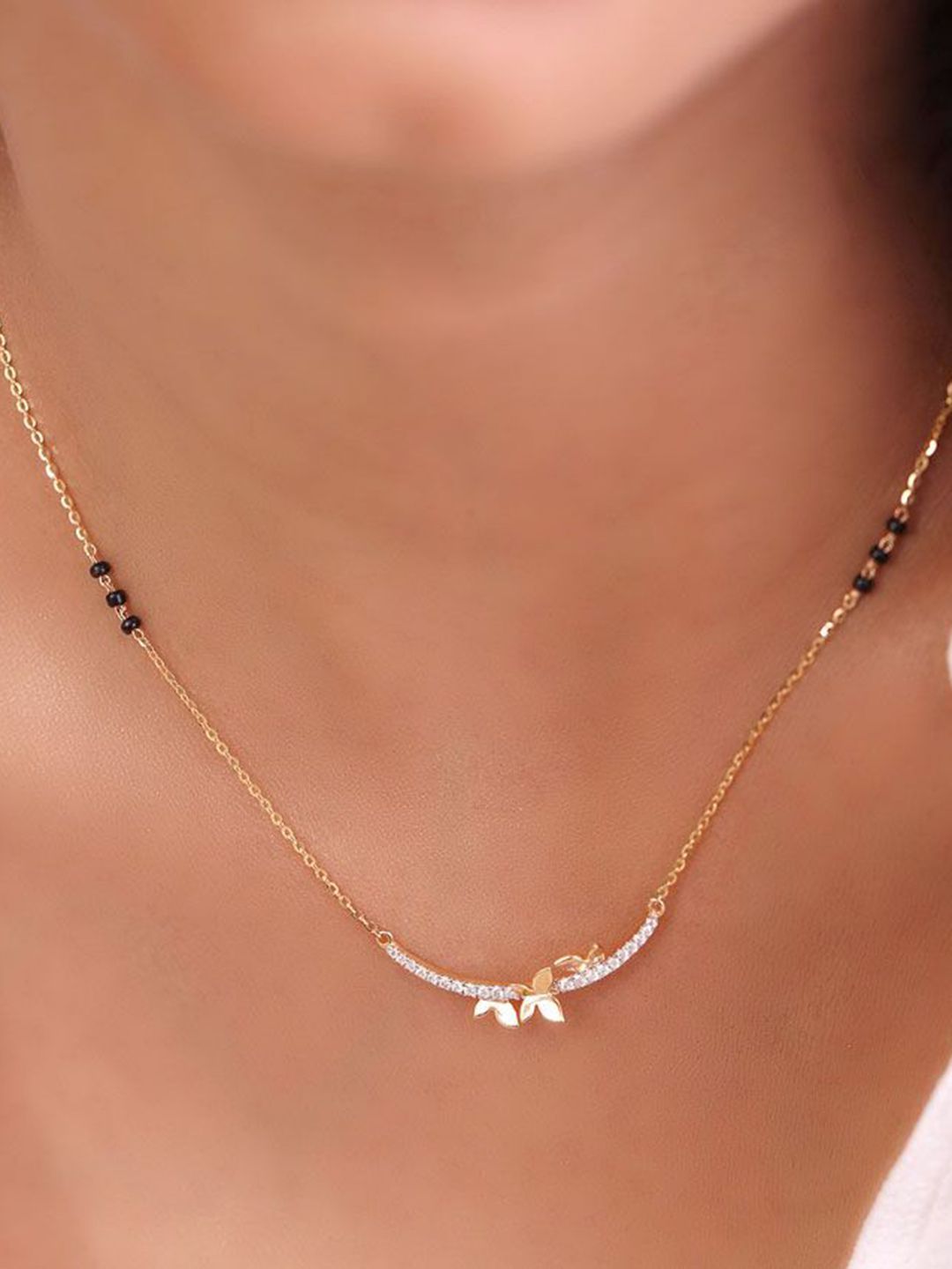 BELWICK Gold-Plated American Diamond Studded & Beaded Mangalsutra