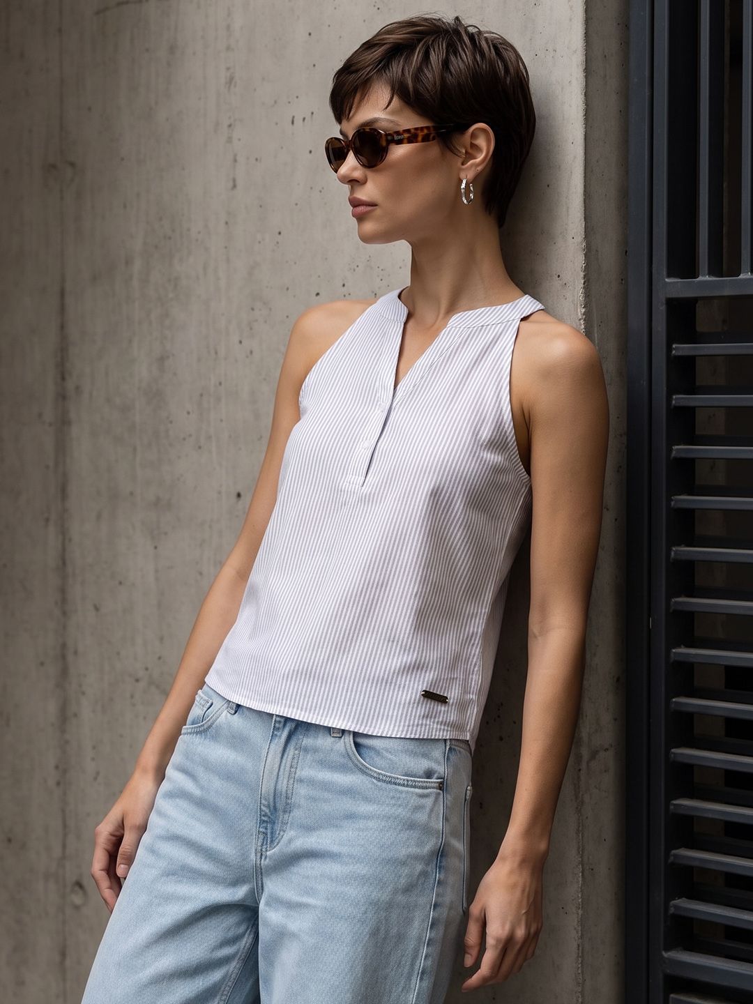 The Roadster Life Co. Vertical Striped Halter Neck Pure Cotton Top