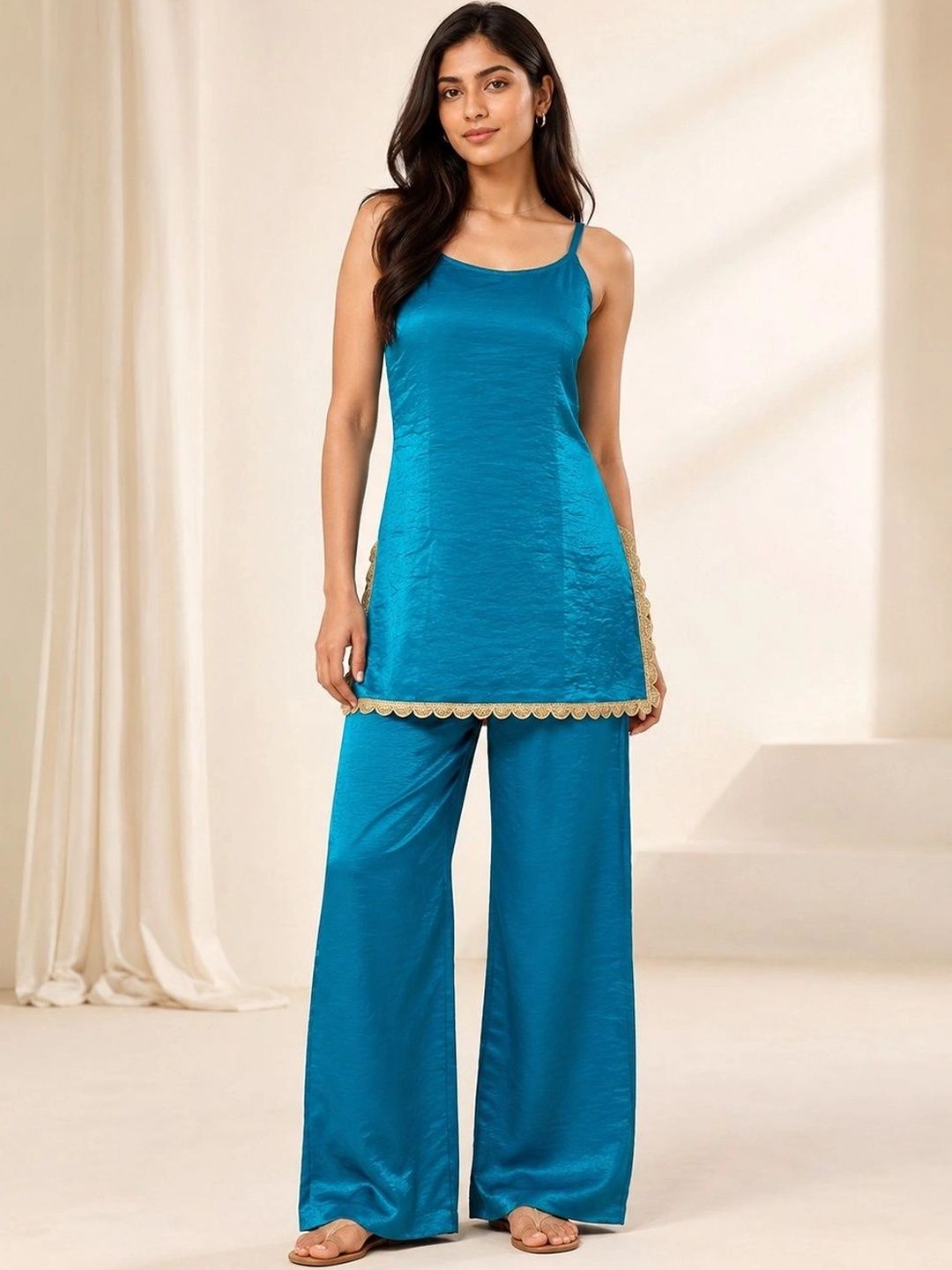 Elegant Blue Sleeveless Tunic with Trousers Co-ords