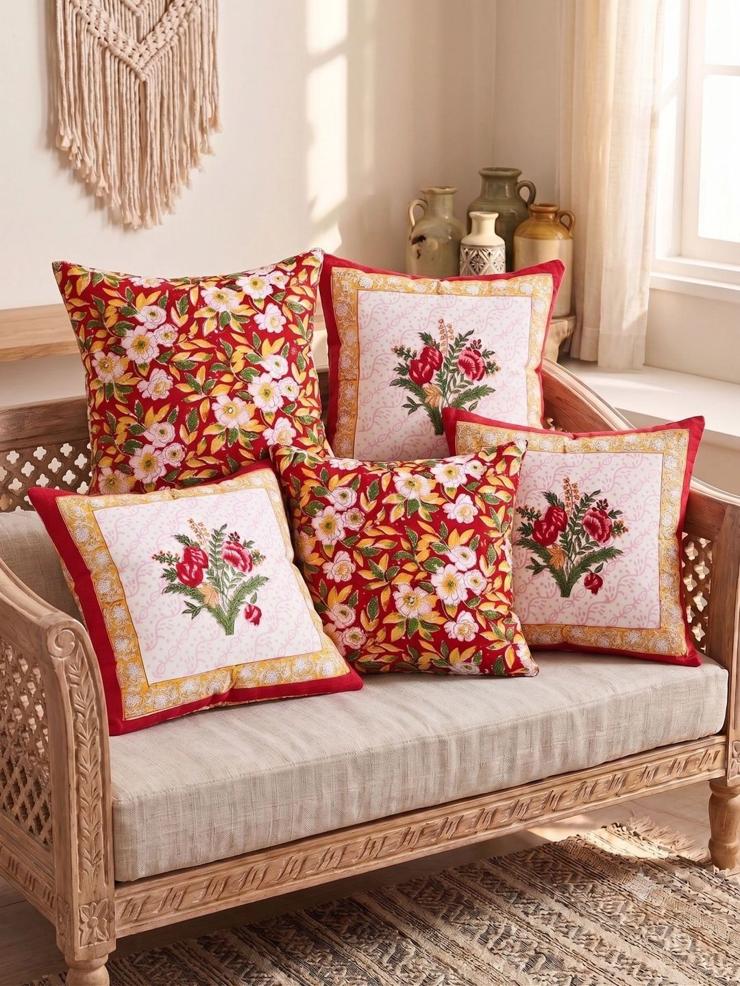 Buy BLOCKS OF INDIA Red & Yellow Set Of 5 Floral Linen Blend Square Cushion Covers -  - Home for Unisex