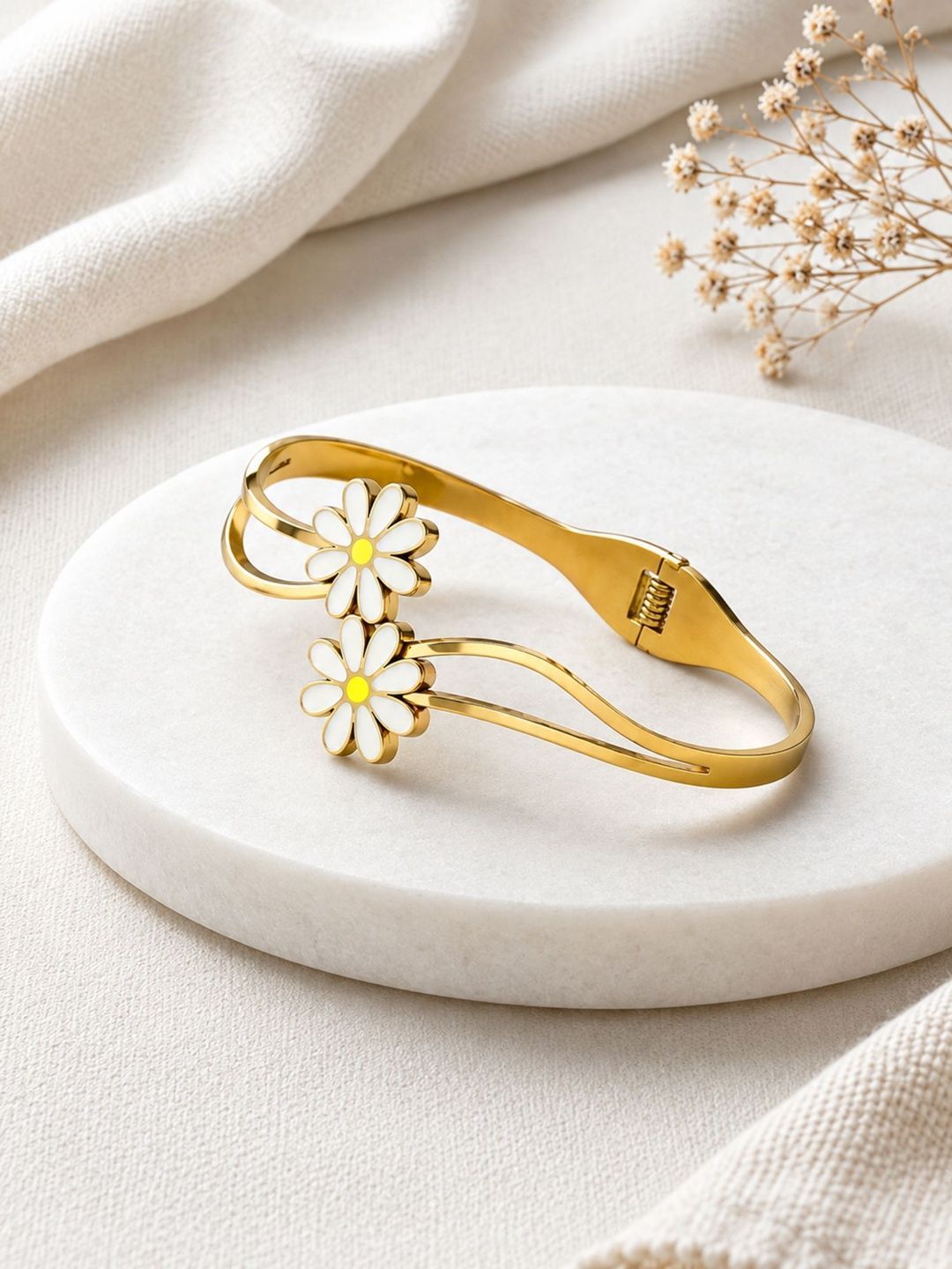 ARTKLIM Stainless Steel Gold-Plated Floral Bangle-Style Bracelet