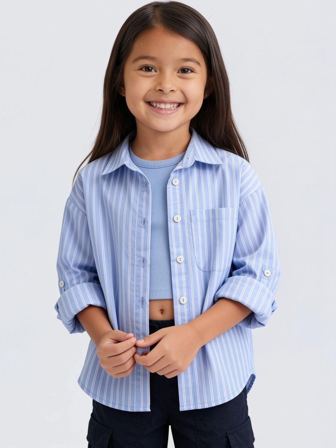 Striped Roll-Up Sleeves Cotton Top
