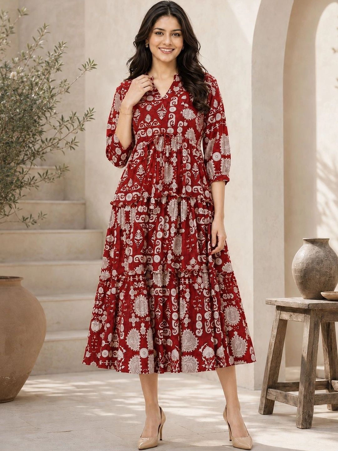 Manqsh by Claura Ethnic Motifs Print A-Line Midi Dress