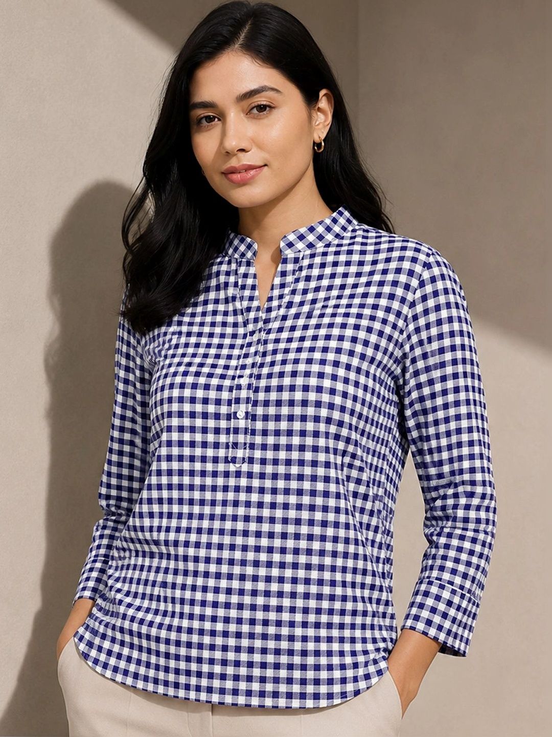 Hancock Women Gingham Checked Pure Cotton Regular Fit Formal Top