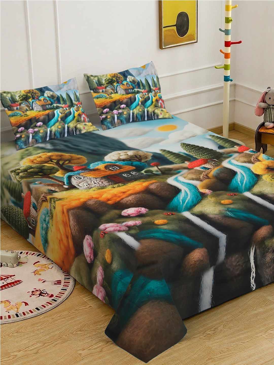 Multi Cartoon Printed 7D 400 TC King Size Superfine Bedsheet With 2 Pillow Cover