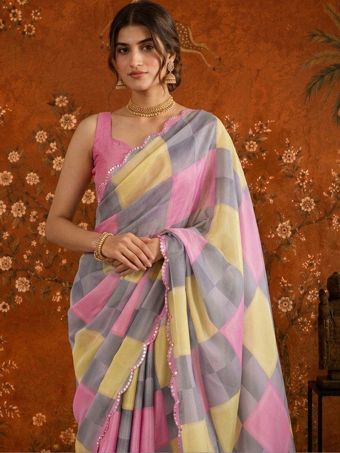 Sangria Checked Mirror Work Satin Saree
