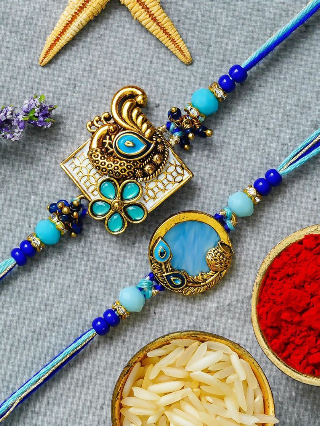 eCraftIndia Set of 2 Stone Studded Peacock Feather & Floral Design Bhaiya Bhabhi Rakhis