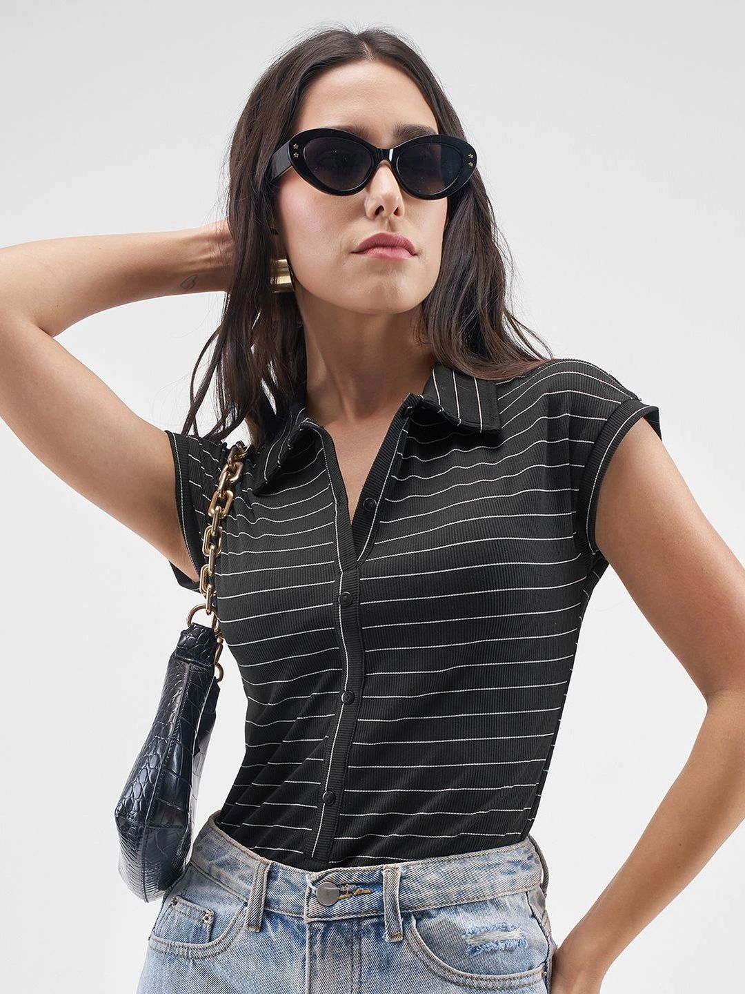 Street By Tokyo Talkies Women Striped Collared Bodysuit