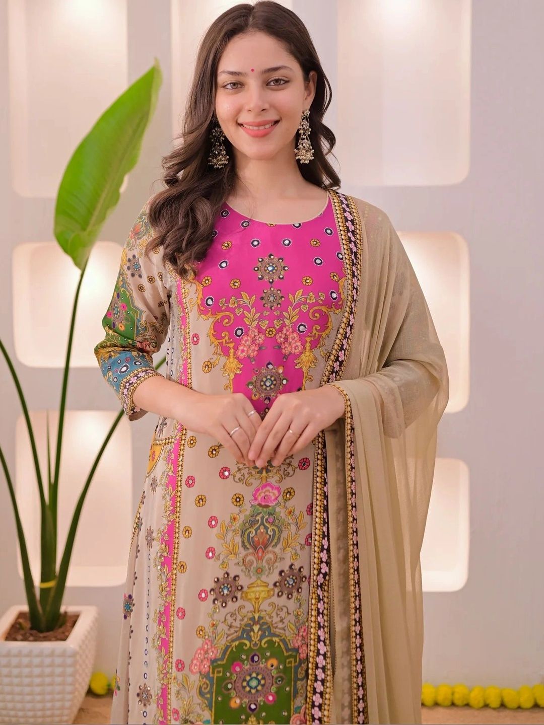 Women Ethnic Motifs Printed Regular Silk Crepe Kurta with Patiala & With Dupatta 3