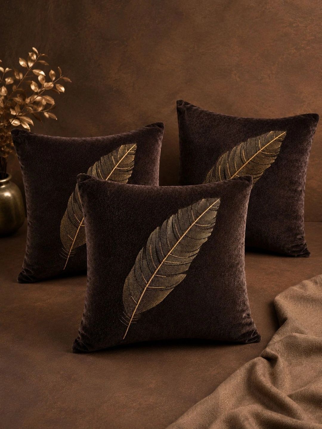 VORNEXA Brown Set of 3 Velvet Square Cushion Covers