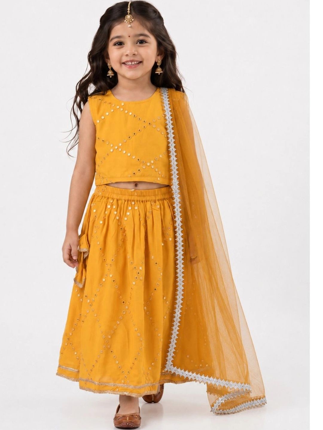 Girls Embellished Mirror Work Ready to Wear Lehenga & Blouse With Dupatta 2