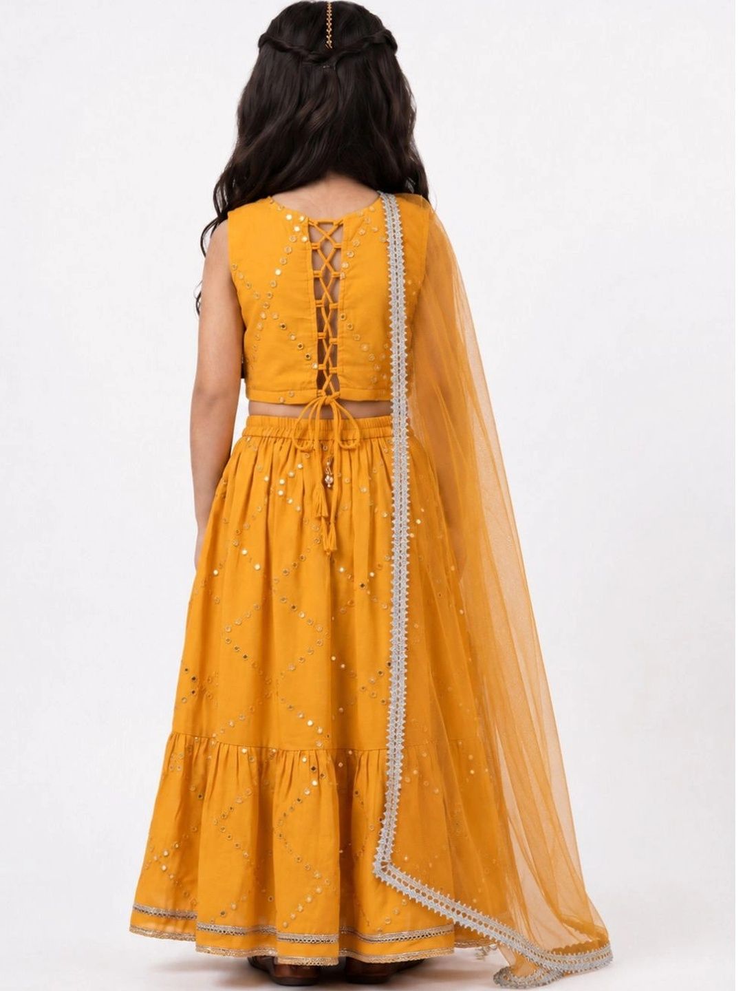 Girls Embellished Mirror Work Ready to Wear Lehenga & Blouse With Dupatta 3