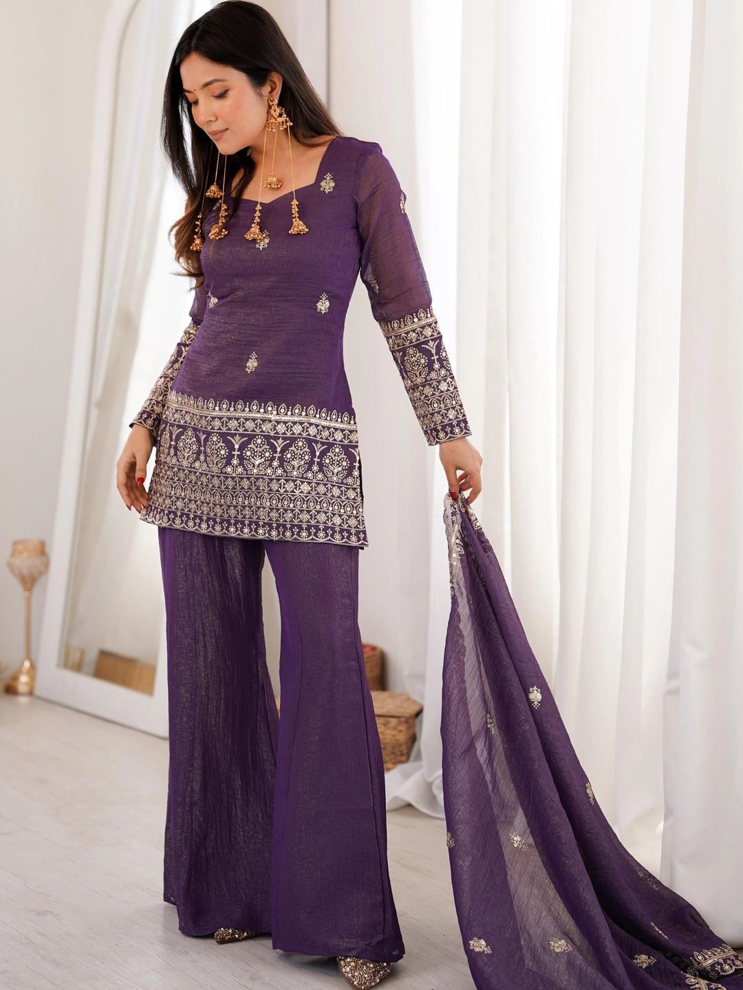 Women Ethnic Motifs Embroidered Regular Kurta with Palazzos & With Dupatta 5