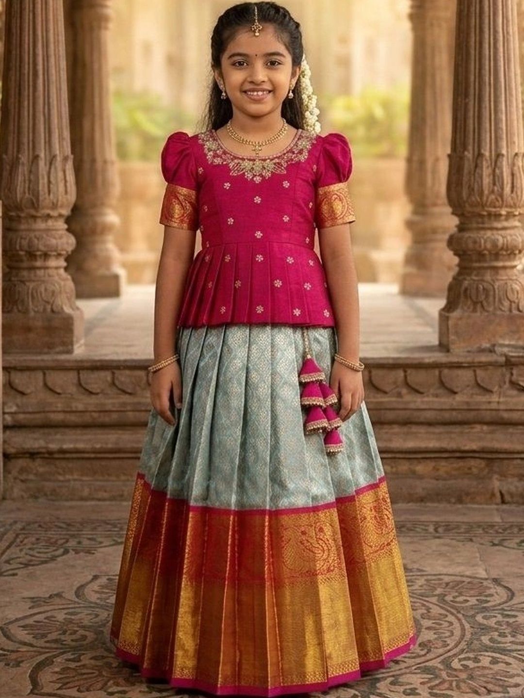 Wommaniya Impex Girls Embroidered Sequinned Ready To Wear Lehenga & Choli