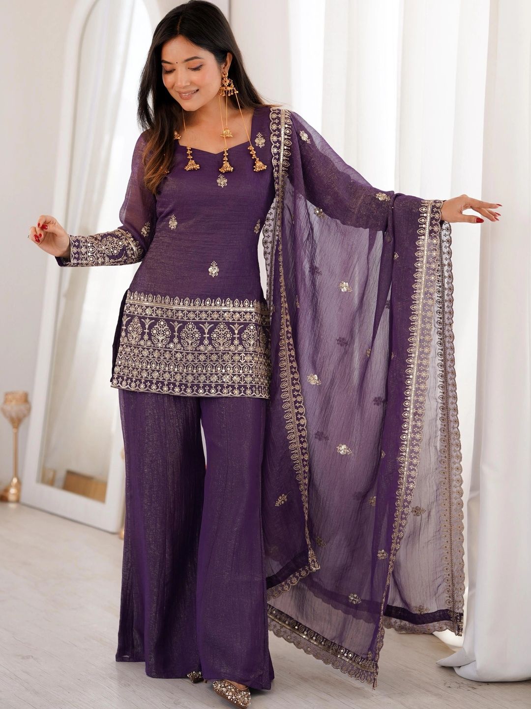 Women Ethnic Motifs Embroidered Regular Kurta with Palazzos & With Dupatta 2